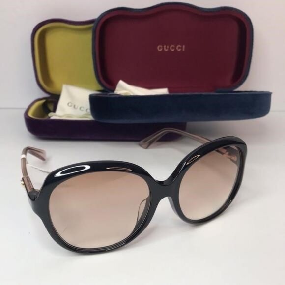 Auth GUCCI Square Sunglasses GG0489SA 003 Black Gold Interlocking GG Pink - Picture 3 of 9